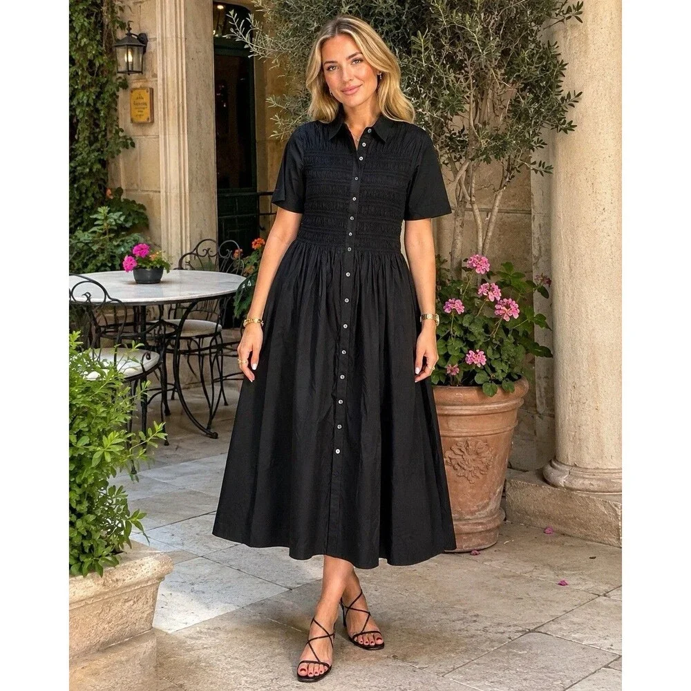 J Crew Elsie Shirt Dress Womens S Black Cotton Poplin Smocked Button Up Preppy